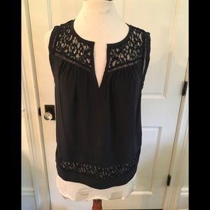 Rebecca Taylor Navy Silk top w/lace detail Size 6